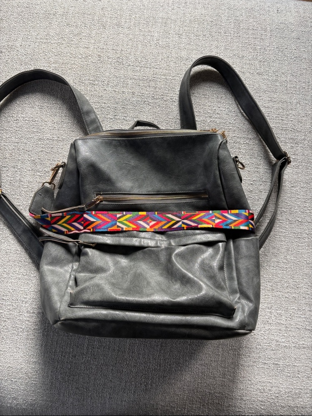 Women's Grey Faux Leather Backpack with Colorful Woven Strap
